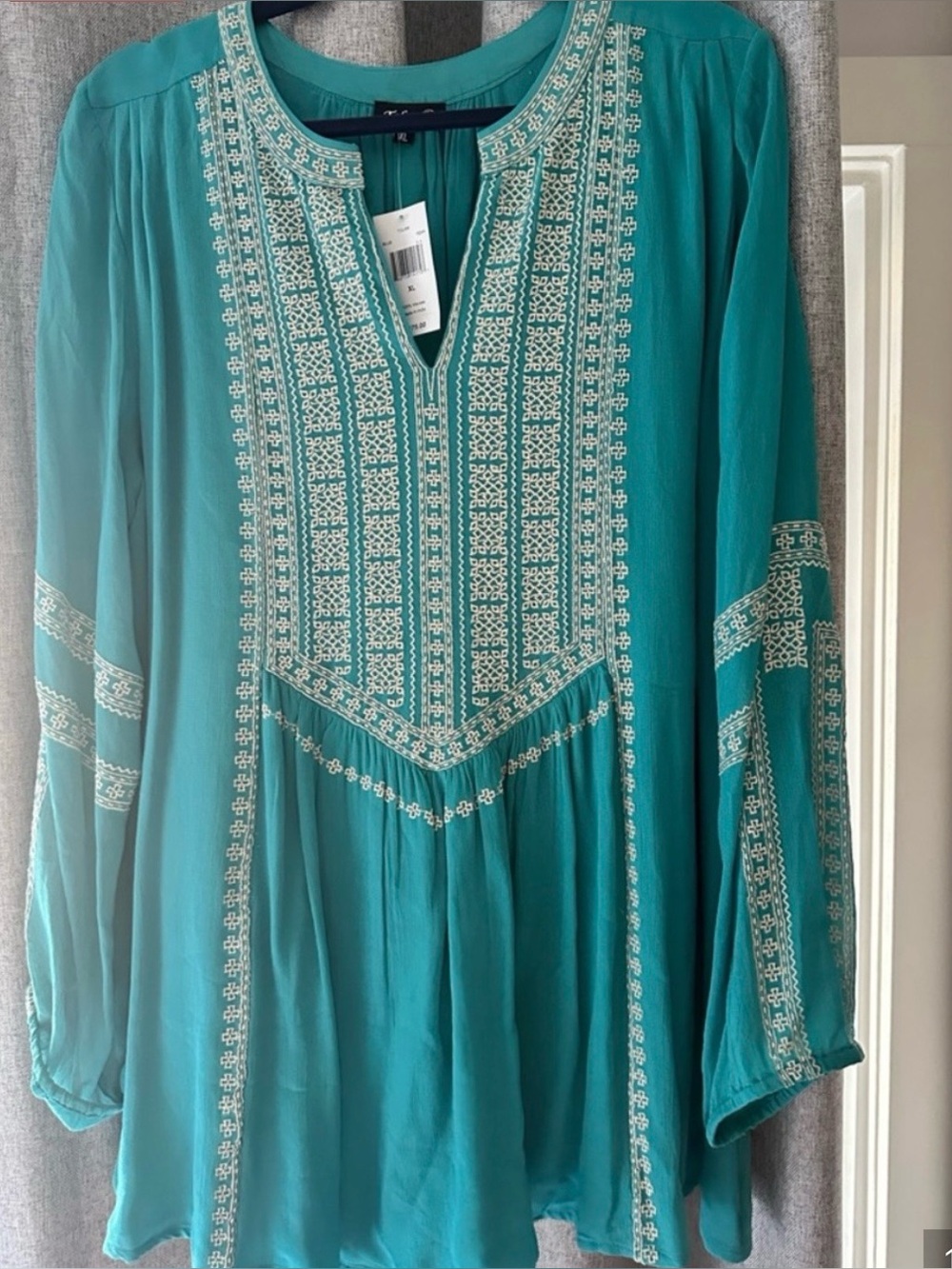 Tolani Embroidered Boho Peasant Tunic Top Teal XL NWT MSRP $175